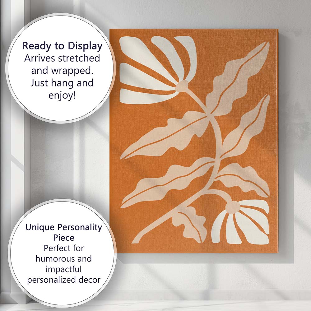 Burnt Orange Background Cream Floral Botanical Silhouette Artwork Canvas Wall Art Print Decor Picture Ready to Hang
