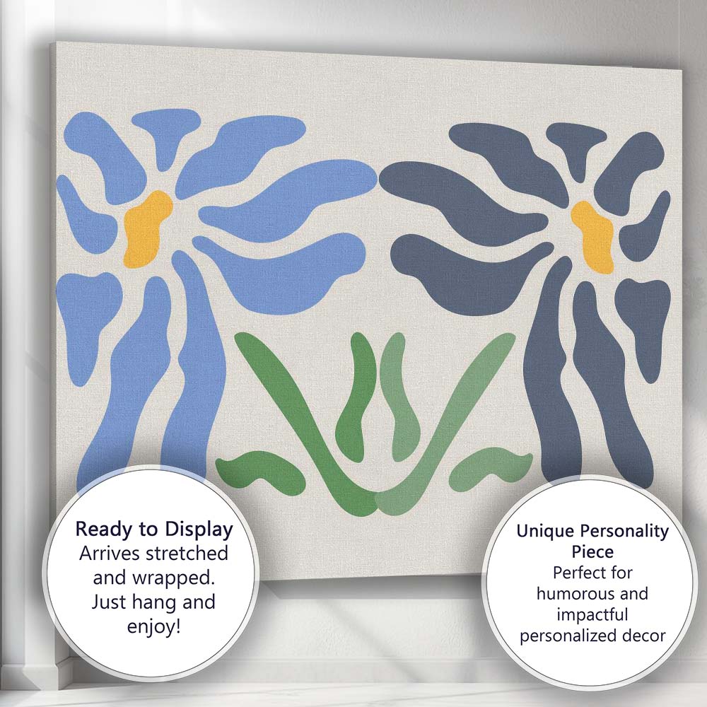 Blue Navy Symmetrical Floral Folk Art Motif Canvas Wall Art Print Decor Picture Ready to Hang