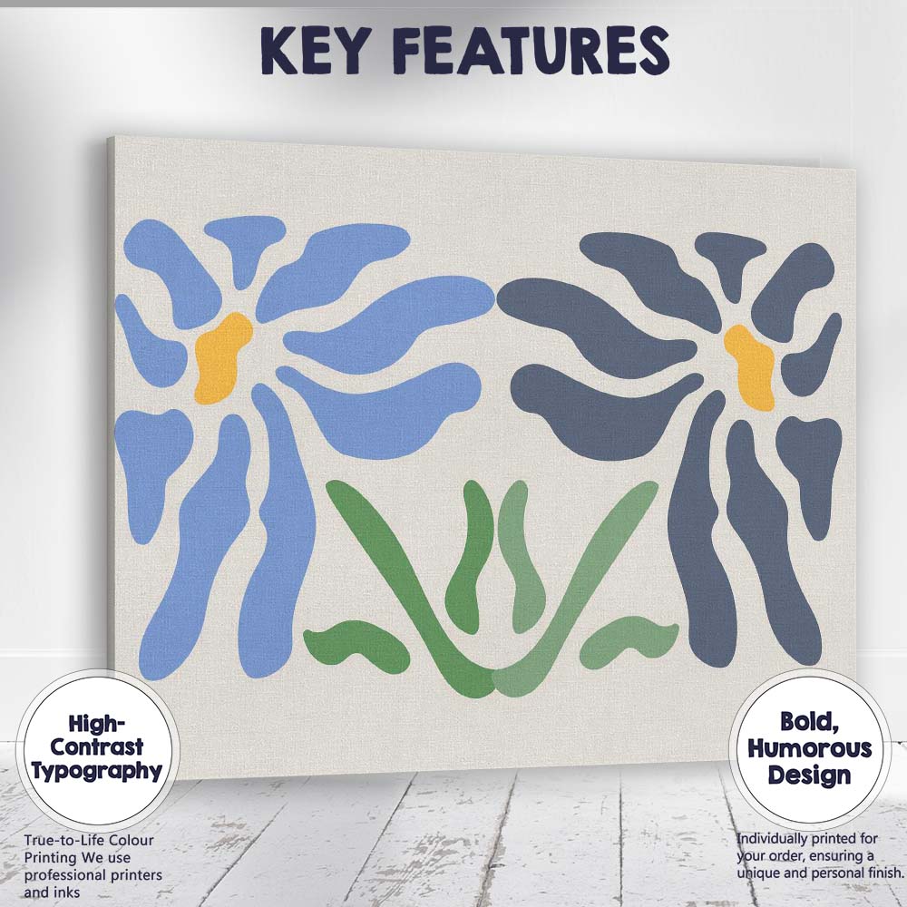 Blue Navy Symmetrical Floral Folk Art Motif Canvas Wall Art Print Decor Picture Ready to Hang