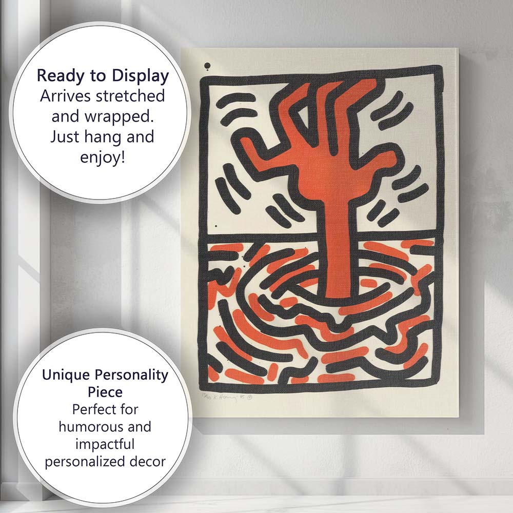 Keith Haring Inspired Red Hand Over Water Abstract Pop Art Canvas Wall Art Print Decor Picture Ready to Hang