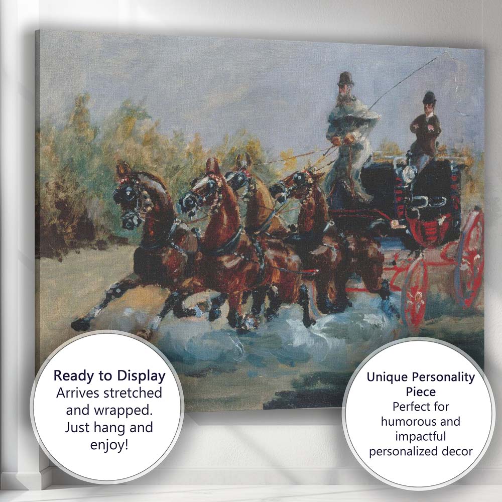 Impressionist Horse Drawn Carriage Racing Scene Rustic Countryside Brown Blue Canvas Wall Art Print Decor Picture Ready to Hang