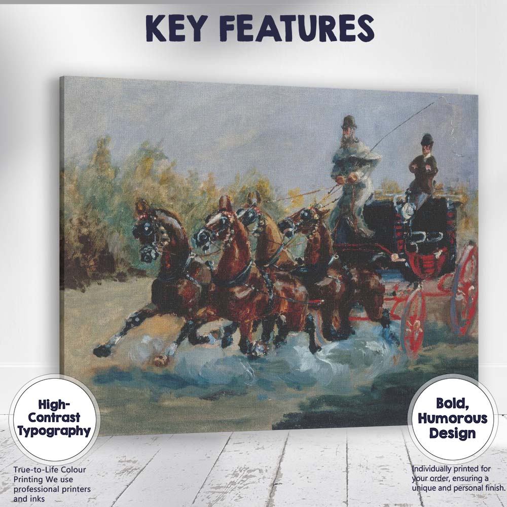 Impressionist Horse Drawn Carriage Racing Scene Rustic Countryside Brown Blue Canvas Wall Art Print Decor Picture Ready to Hang