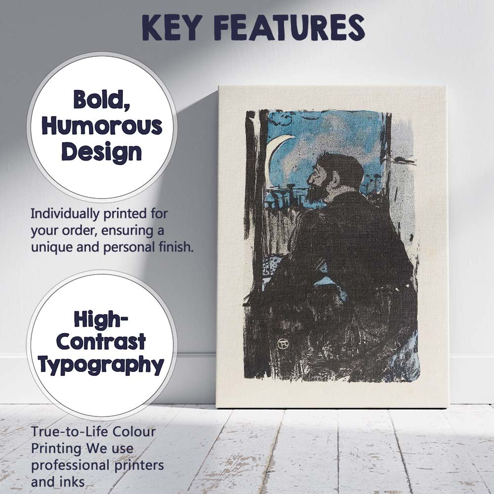 Expressionist Moonlit Window Seated Bearded Figure Blue Black Woodcut Style Canvas Wall Art Print Decor Picture Ready to Hang