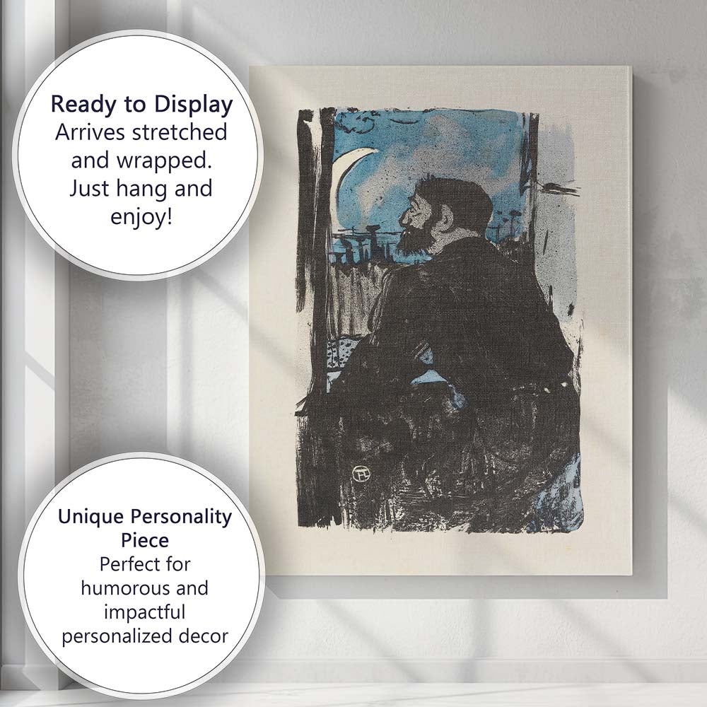 Expressionist Moonlit Window Seated Bearded Figure Blue Black Woodcut Style Canvas Wall Art Print Decor Picture Ready to Hang