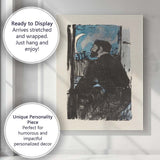 Expressionist Moonlit Window Seated Bearded Figure Blue Black Woodcut Style Canvas Wall Art Print Decor Picture Ready to Hang