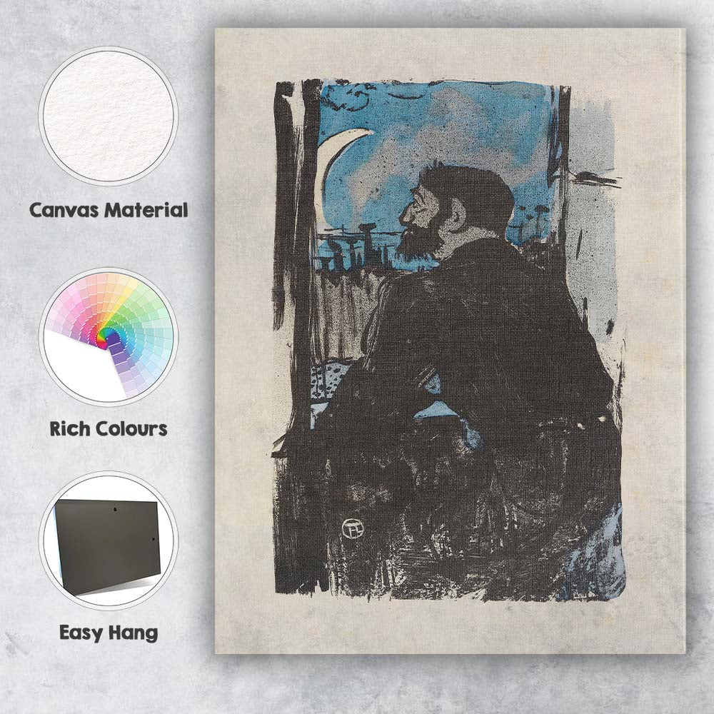 Expressionist Moonlit Window Seated Bearded Figure Blue Black Woodcut Style Canvas Wall Art Print Decor Picture Ready to Hang