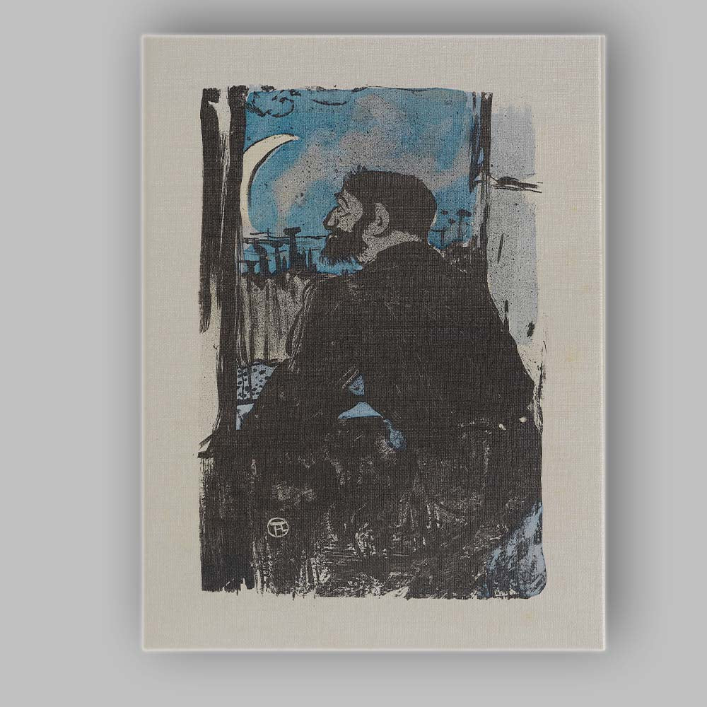 Expressionist Moonlit Window Seated Bearded Figure Blue Black Woodcut Style Canvas Wall Art Print Decor Picture Ready to Hang
