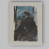 Expressionist Moonlit Window Seated Bearded Figure Blue Black Woodcut Style Canvas Wall Art Print Decor Picture Ready to Hang