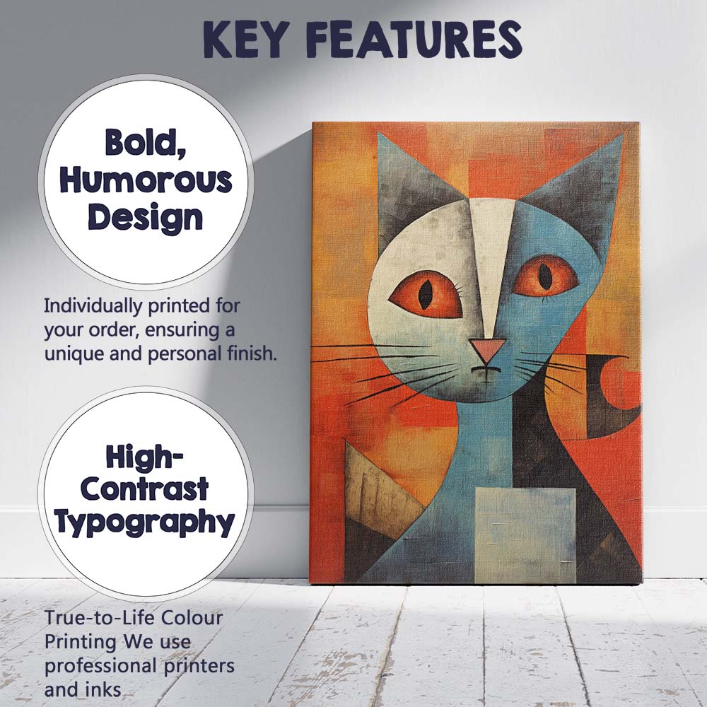 Geometric Blue Cat Portrait Abstract Modern Animal Artwork Canvas Wall Art Print Decor Picture Ready to Hang