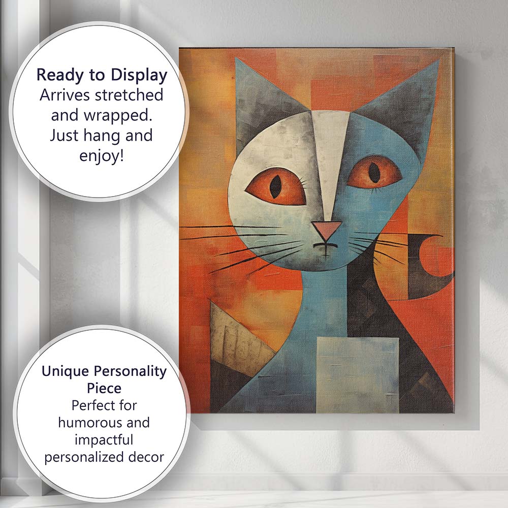 Geometric Blue Cat Portrait Abstract Modern Animal Artwork Canvas Wall Art Print Decor Picture Ready to Hang