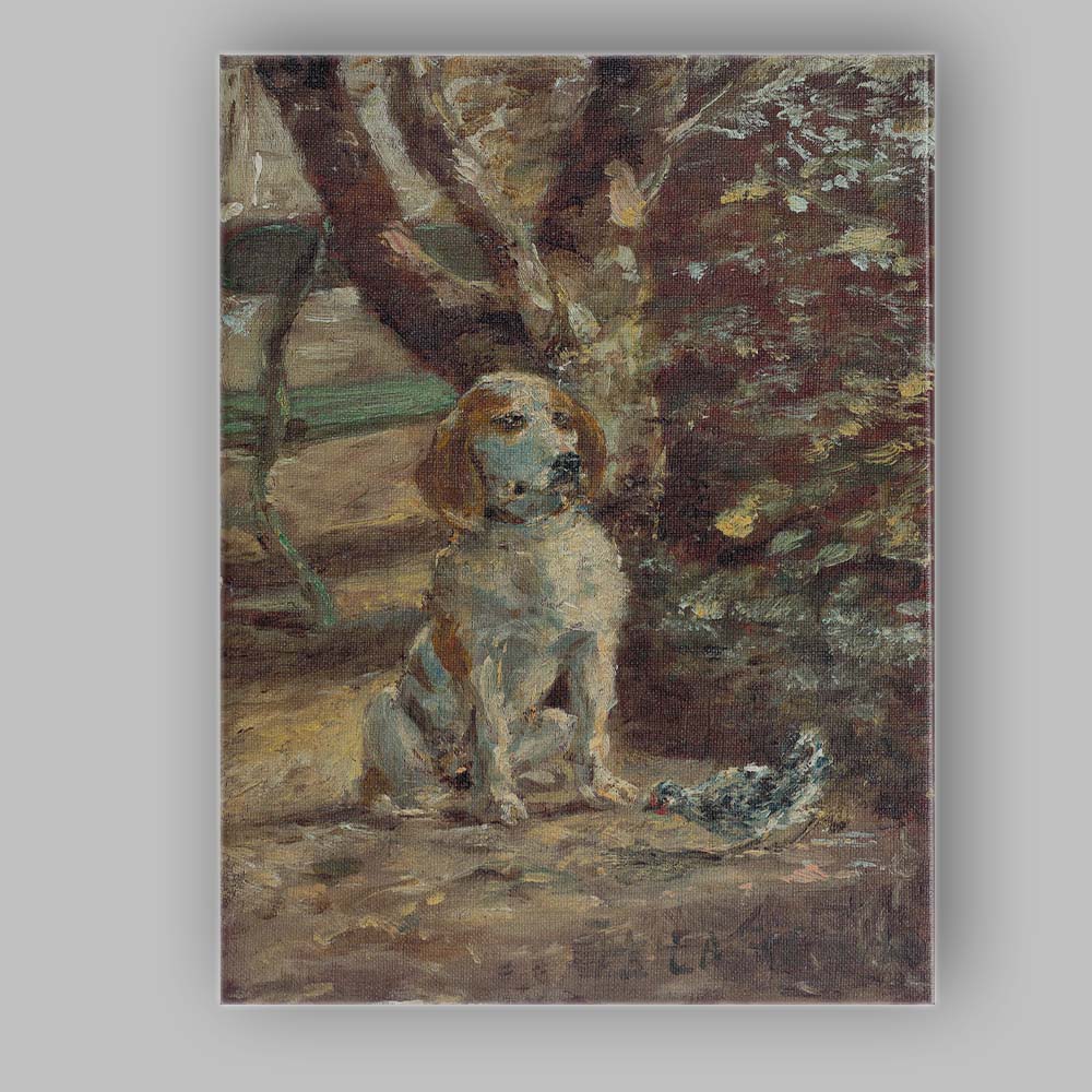 Impressionist Hound Dog and Bird Garden Scene Canvas Wall Art Print Decor Picture Ready to Hang