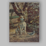 Impressionist Hound Dog and Bird Garden Scene Canvas Wall Art Print Decor Picture Ready to Hang