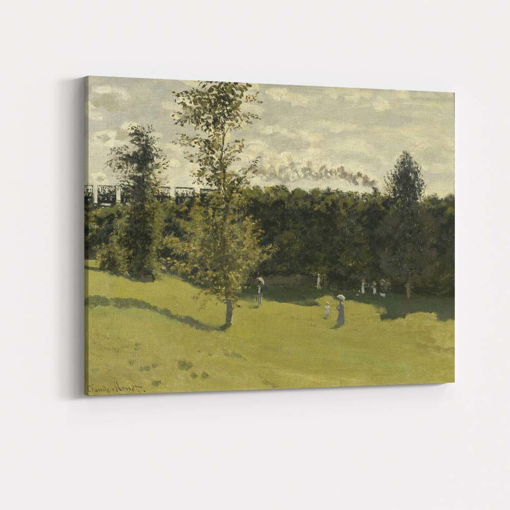 Impressionist Riverside Landscape with Steam Train Green Meadow and Figures Canvas Wall Art Print Decor Picture Ready to Hang