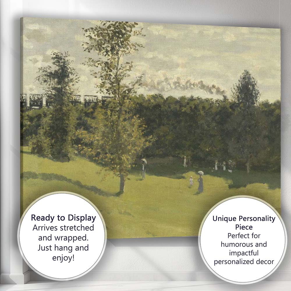 Impressionist Riverside Landscape with Steam Train Green Meadow and Figures Canvas Wall Art Print Decor Picture Ready to Hang