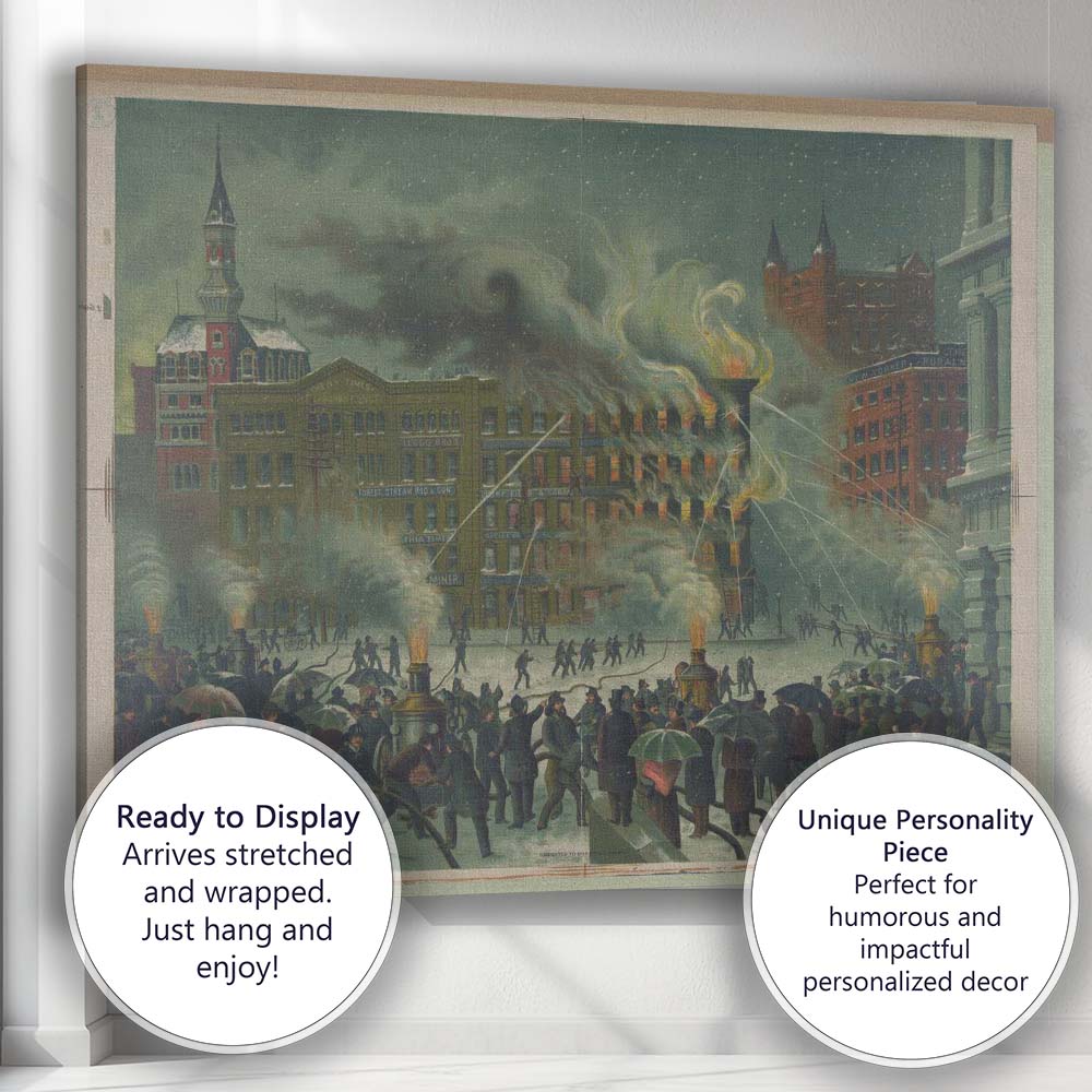 Historic City Fire Rescue Scene Victorian Urban Illustration Canvas Wall Art Print Decor Picture Ready to Hang