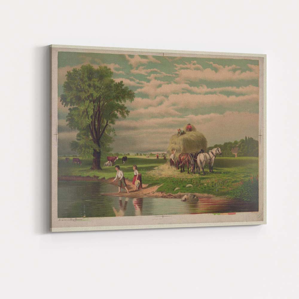 Pastoral Hay Harvest Countryside Farm Lake Scene Canvas Wall Art Print Decor Picture Ready to Hang