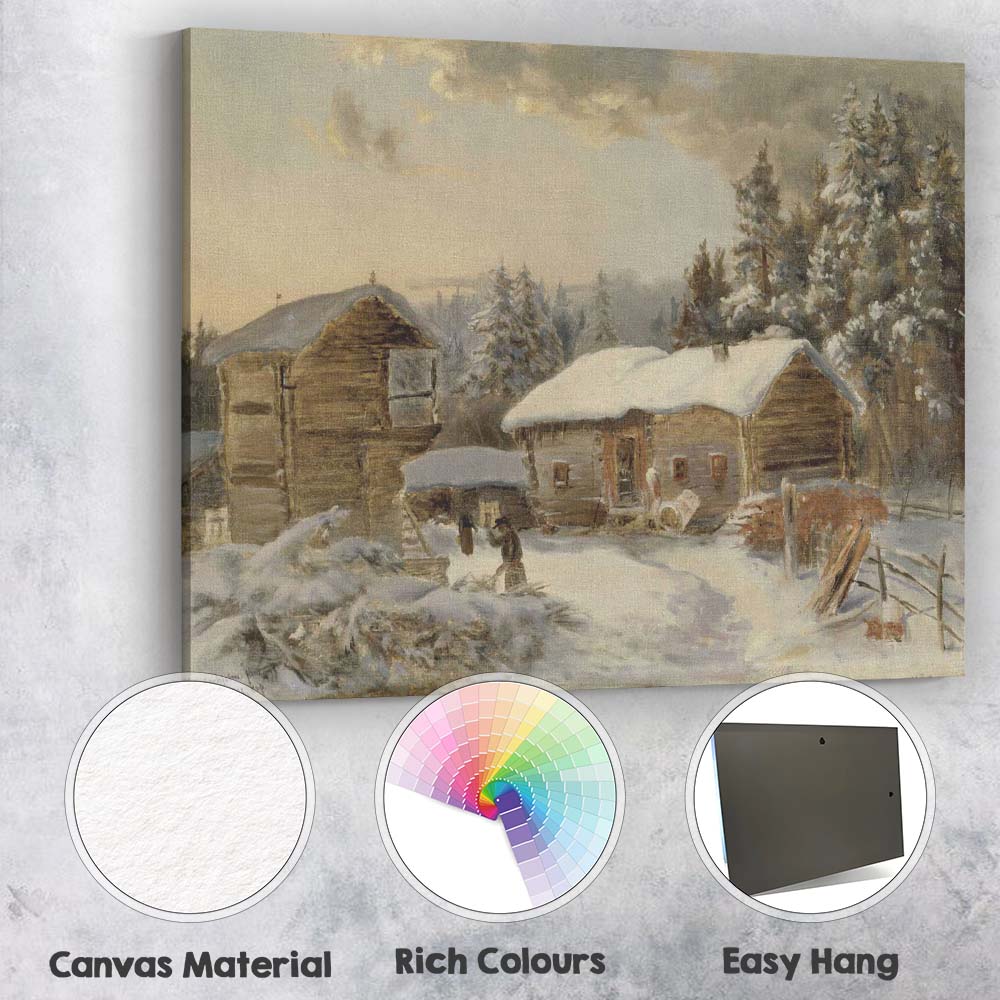 Snow Covered Woodland Cabin Rustic Winter Landscape Painting Canvas Wall Art Print Decor Picture Ready to Hang