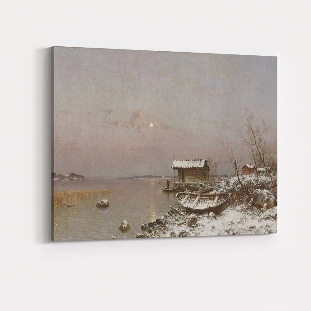 Moonlit Winter Lakeshore Fishing Hut Snowy Waterside Scene Canvas Wall Art Print Decor Picture Ready to Hang