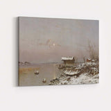 Moonlit Winter Lakeshore Fishing Hut Snowy Waterside Scene Canvas Wall Art Print Decor Picture Ready to Hang