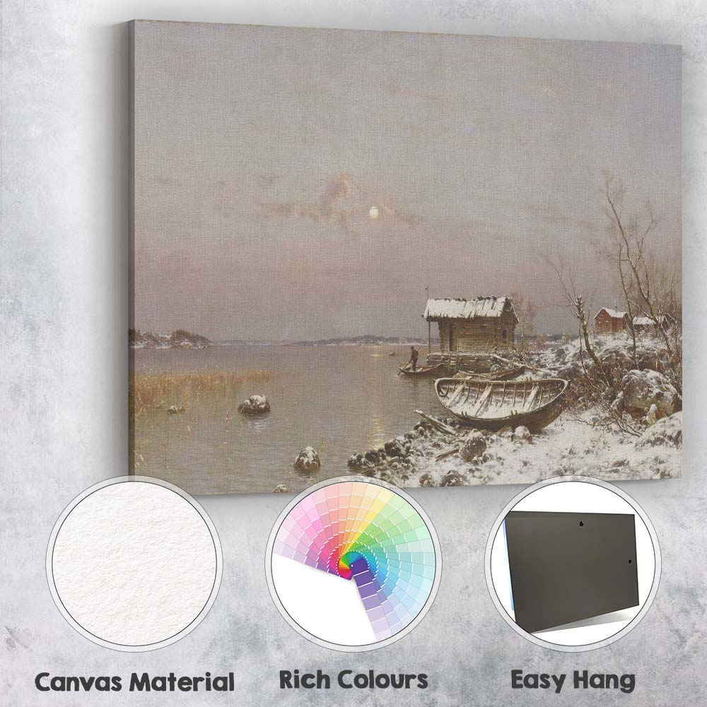 Moonlit Winter Lakeshore Fishing Hut Snowy Waterside Scene Canvas Wall Art Print Decor Picture Ready to Hang