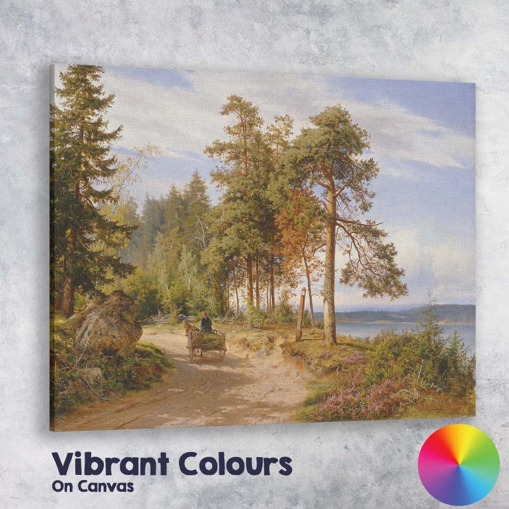 Sunlit Forest Lake Road Horse Cart Nordic Landscape Canvas Wall Art Print Decor Picture Ready to Hang