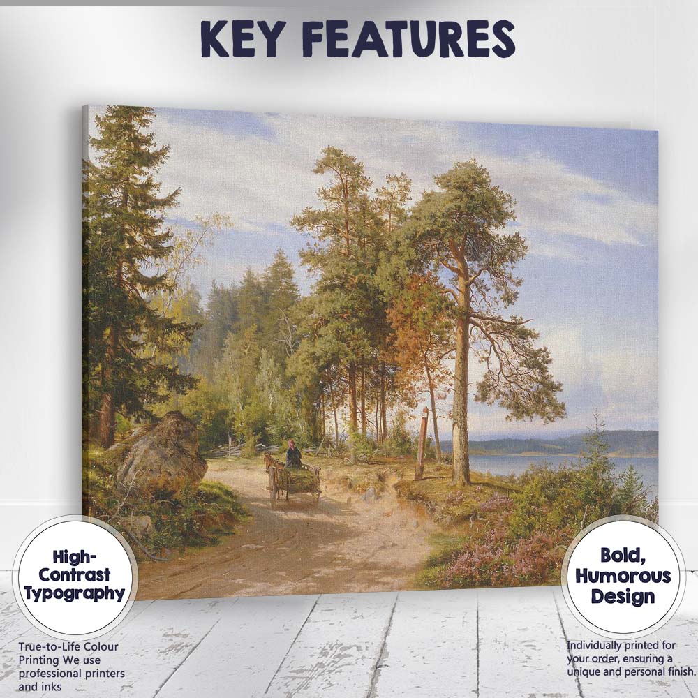 Sunlit Forest Lake Road Horse Cart Nordic Landscape Canvas Wall Art Print Decor Picture Ready to Hang
