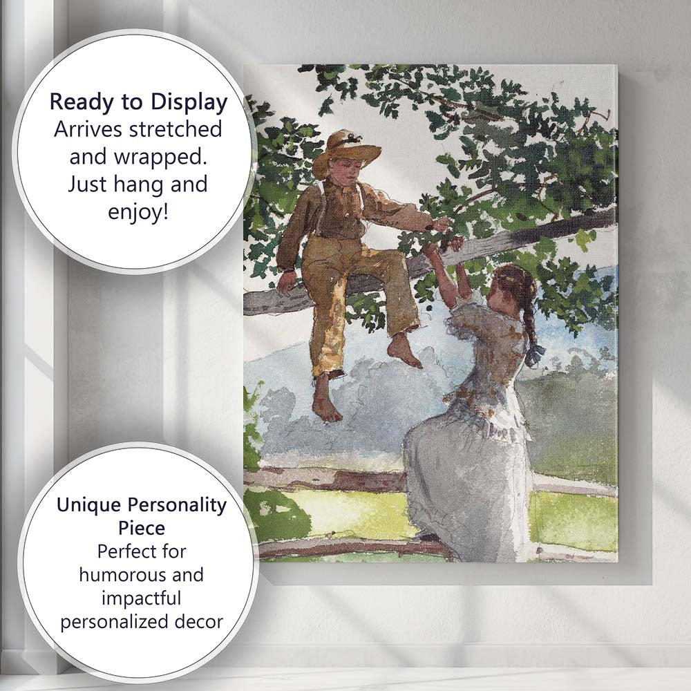 Watercolour Country Children Climbing Tree Rural Summer Scene Canvas Wall Art Print Decor Picture Ready to Hang