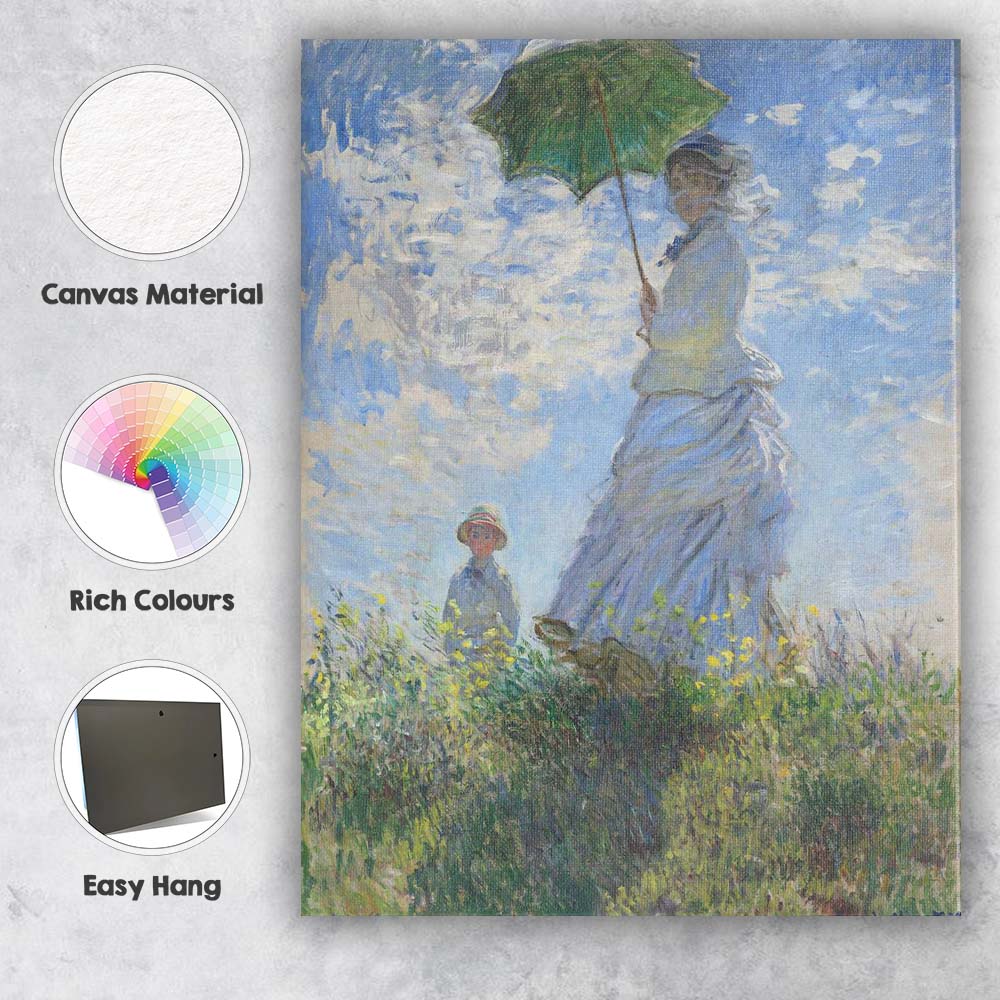 Sunlit Woman With Parasol Wildflower Meadow Impressionist Painting Canvas Wall Art Print Decor Picture Ready to Hang
