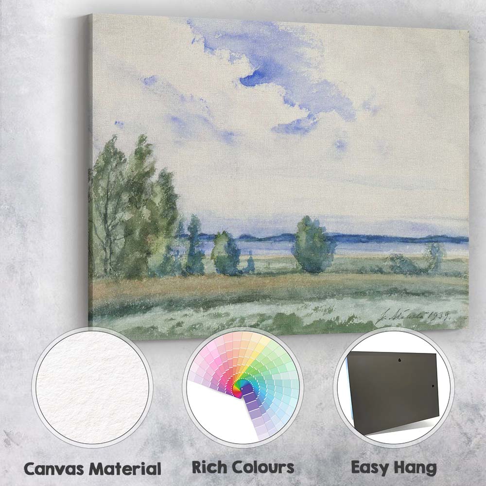 Soft Blue Watercolour Lakeside Meadow Horizon Landscape Canvas Wall Art Print Decor Picture Ready to Hang