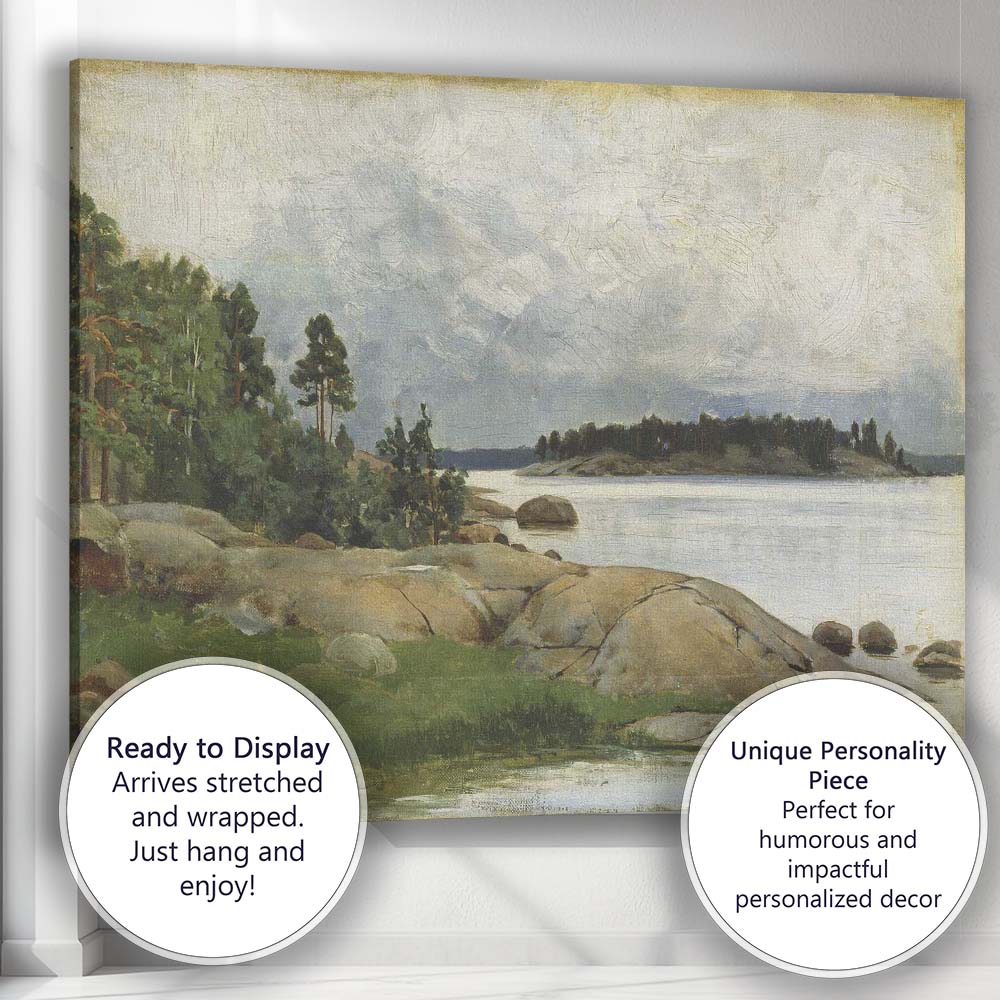 Rocky Lakeshore Pine Forest Nordic Landscape Painting Canvas Wall Art Print Decor Picture Ready to Hang