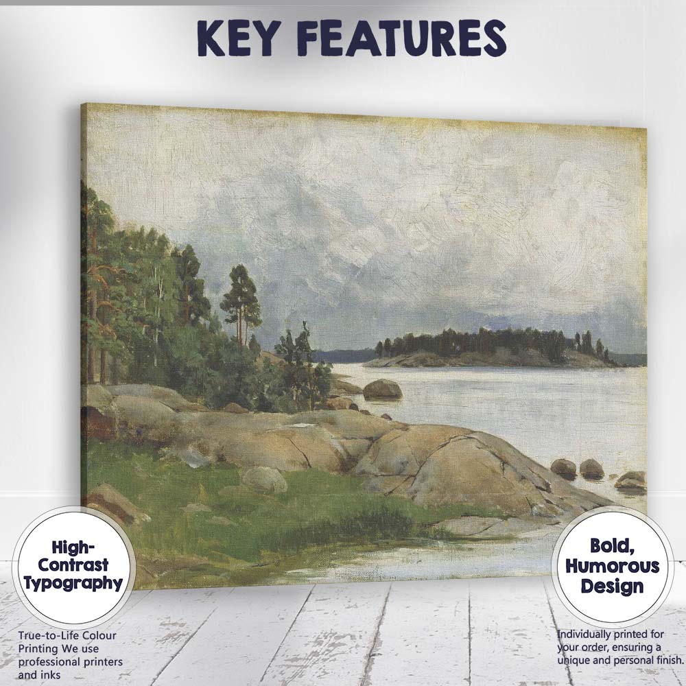 Rocky Lakeshore Pine Forest Nordic Landscape Painting Canvas Wall Art Print Decor Picture Ready to Hang