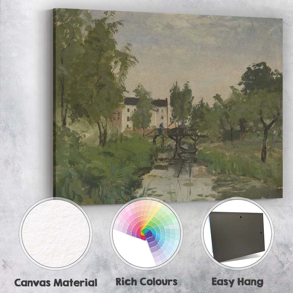 Rural Footbridge Woodland Stream Impressionist Village Scene Canvas Wall Art Print Decor Picture Ready to Hang