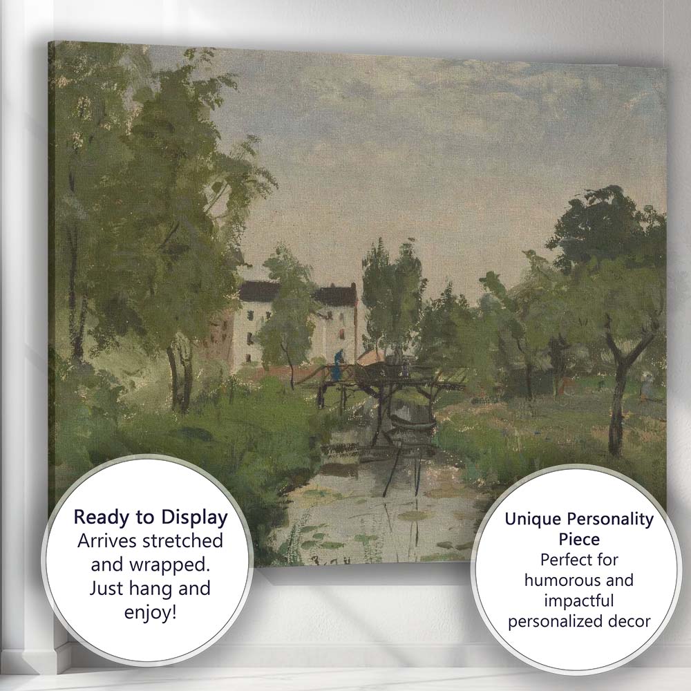 Rural Footbridge Woodland Stream Impressionist Village Scene Canvas Wall Art Print Decor Picture Ready to Hang