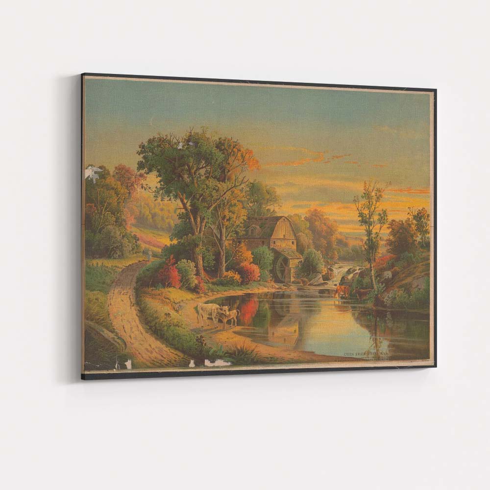 Golden Sunset Watermill Riverside Pastoral Landscape Canvas Wall Art Print Decor Picture Ready to Hang
