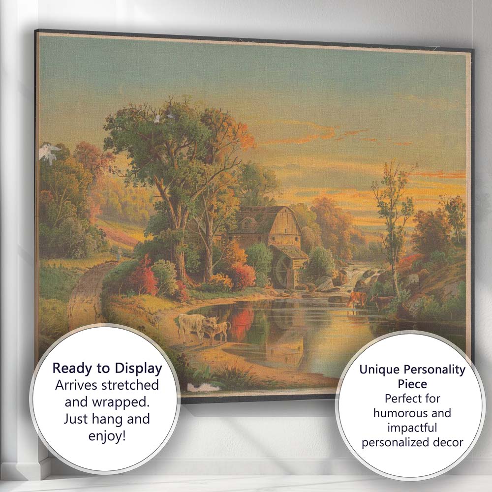 Golden Sunset Watermill Riverside Pastoral Landscape Canvas Wall Art Print Decor Picture Ready to Hang