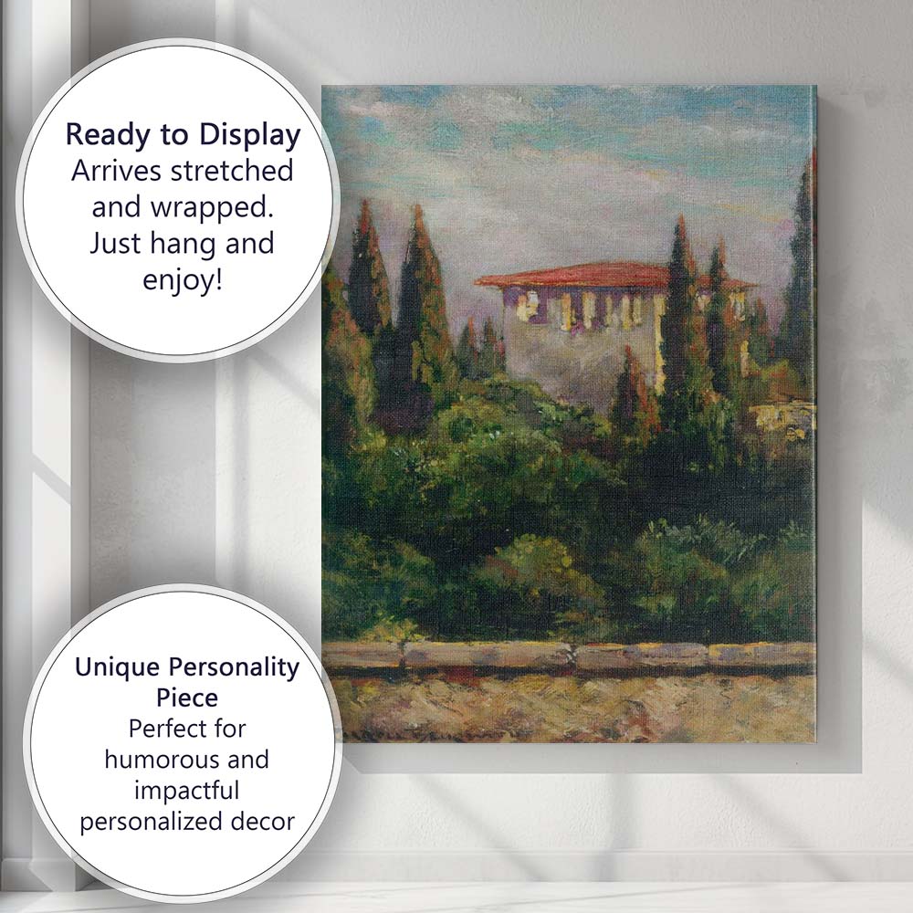 Mediterranean Villa Cypress Trees Impressionist Garden Painting Canvas Wall Art Print Decor Picture Ready to Hang