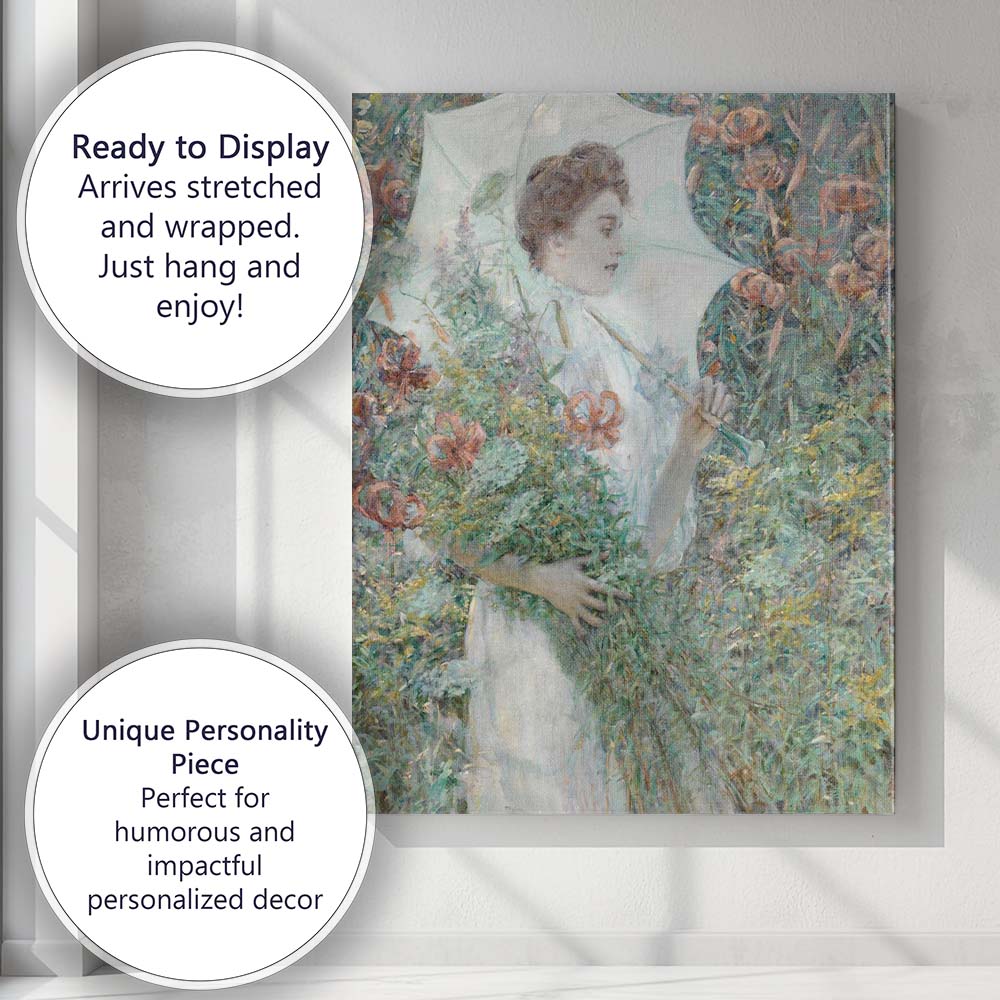 Elegant Woman With Parasol Wildflower Garden Impressionist Portrait Canvas Wall Art Print Decor Picture Ready to Hang