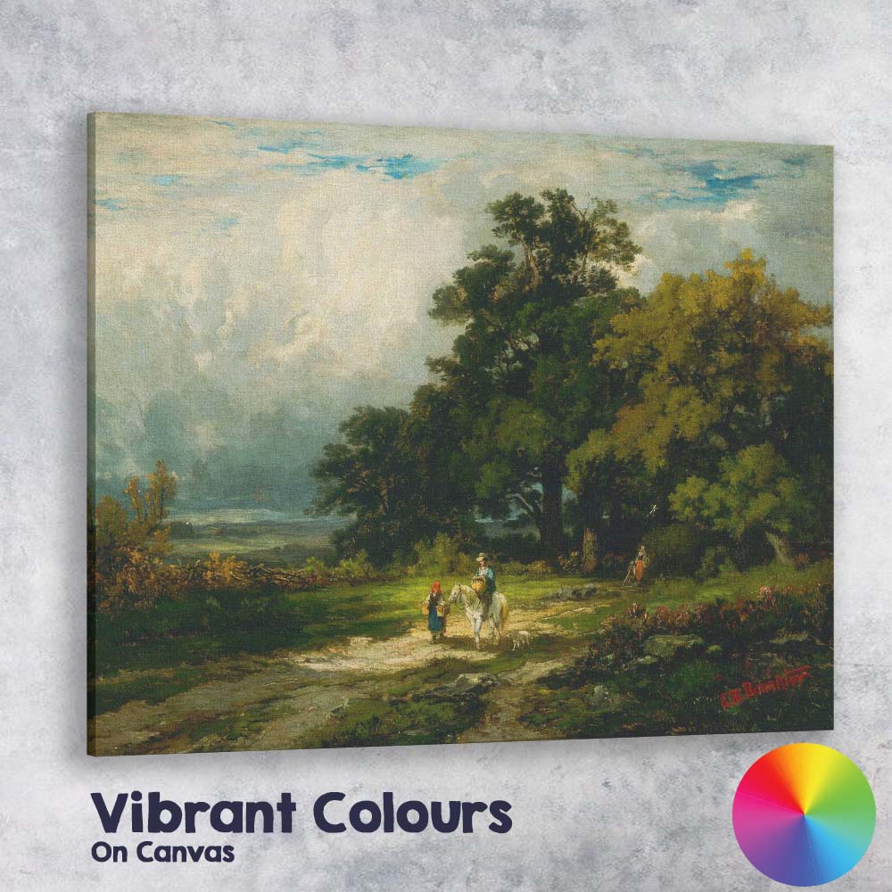 Woodland Path Rider And Child Pastoral Landscape Oil Painting Canvas Wall Art Print Decor Picture Ready to Hang