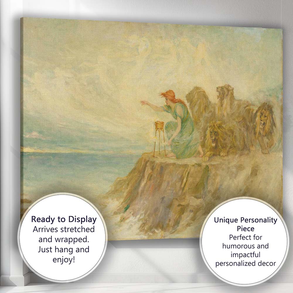 Mythological Woman With Lions Coastal Fantasy Painting Canvas Wall Art Print Decor Picture Ready to Hang