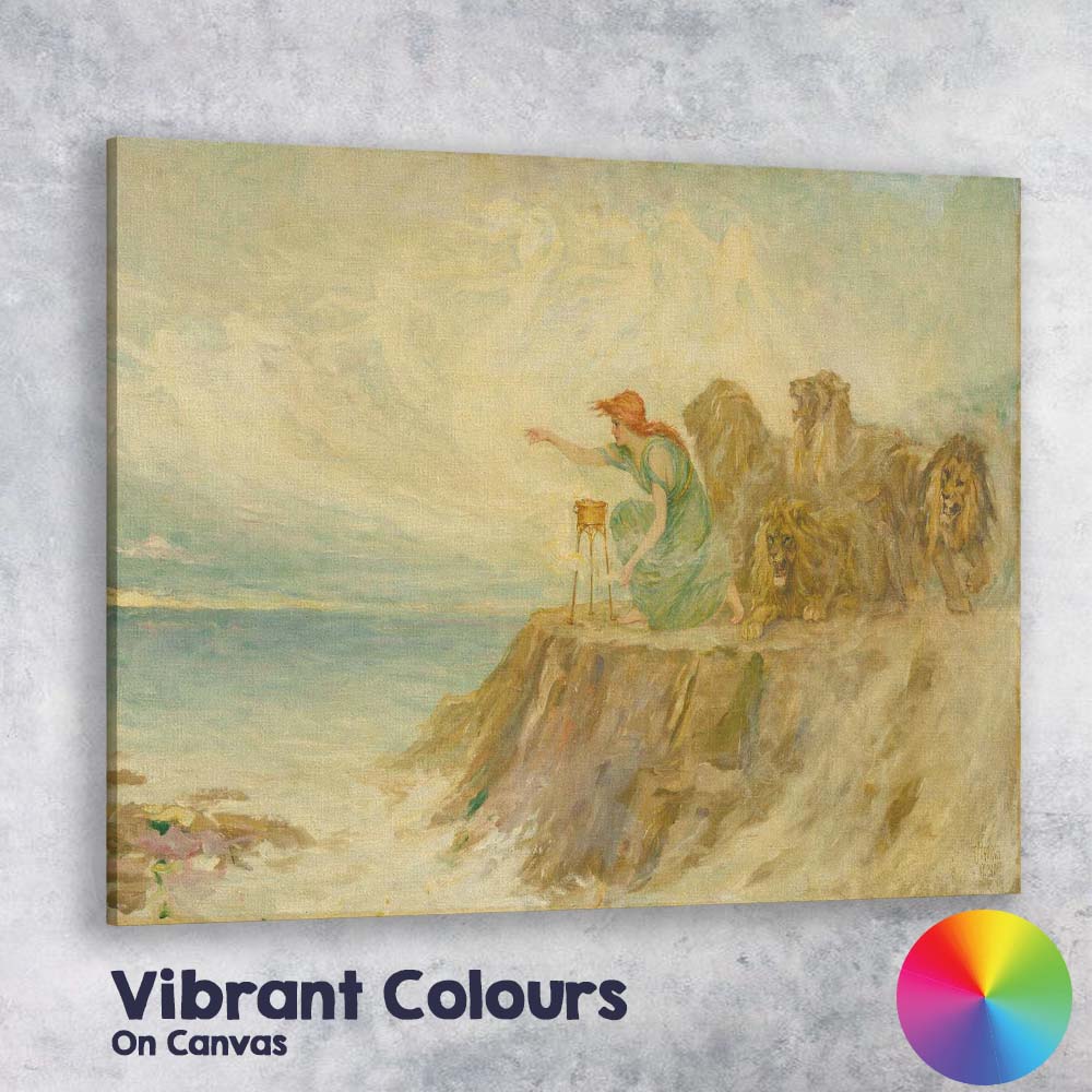 Mythological Woman With Lions Coastal Fantasy Painting Canvas Wall Art Print Decor Picture Ready to Hang