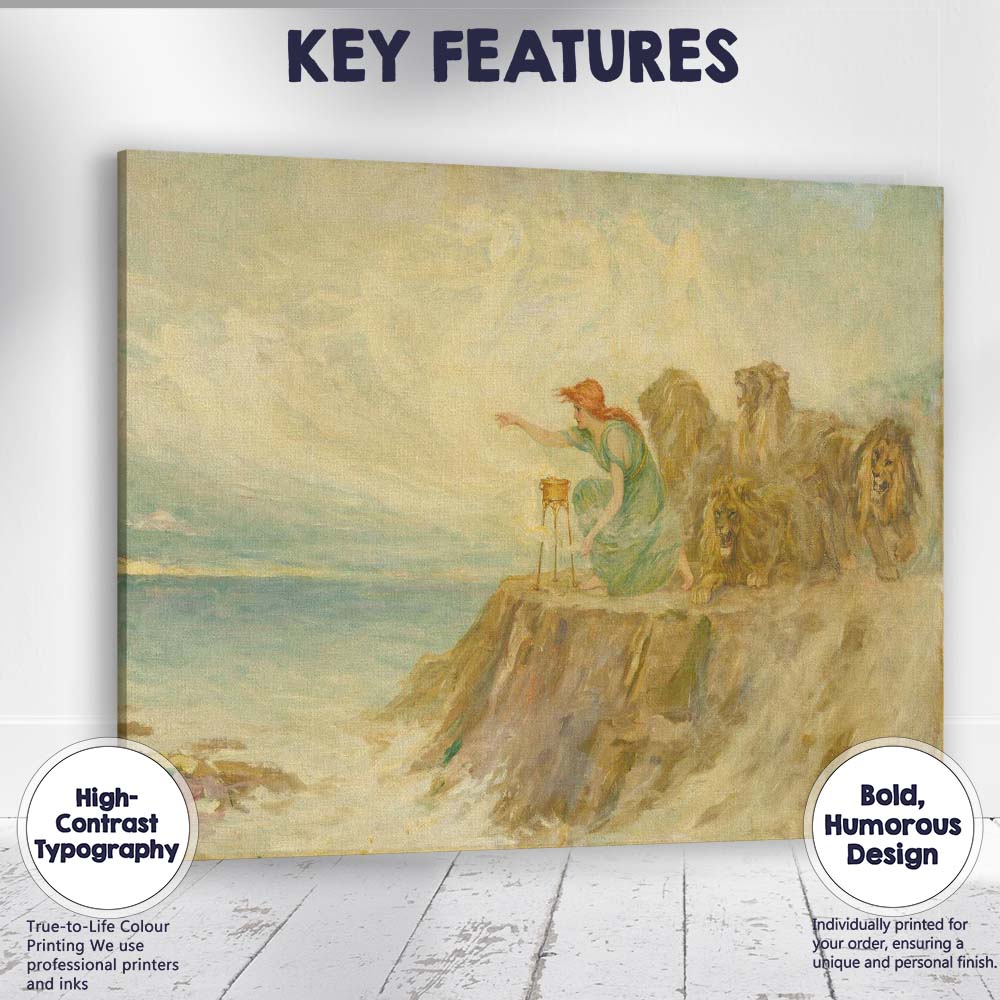 Mythological Woman With Lions Coastal Fantasy Painting Canvas Wall Art Print Decor Picture Ready to Hang