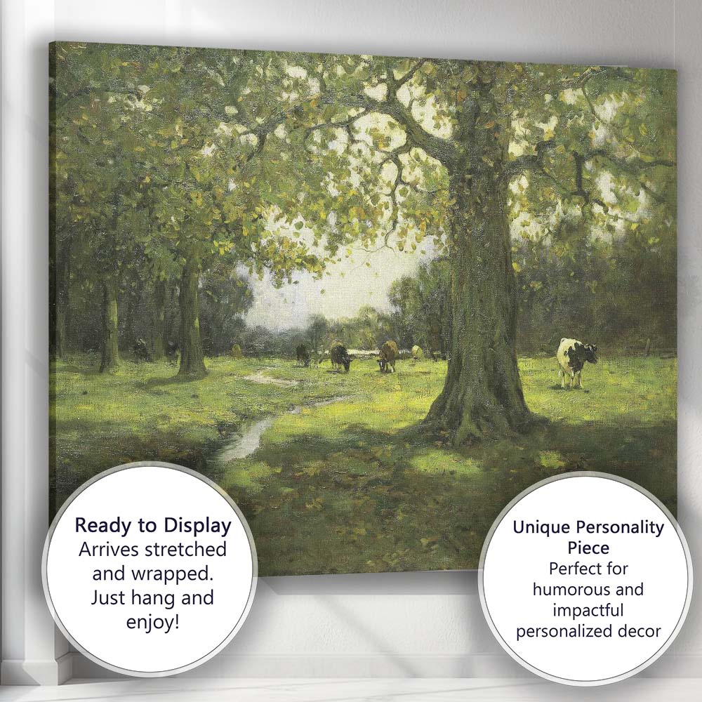 Ancient Oak Trees Cattle Pasture Woodland Landscape Painting Canvas Wall Art Print Decor Picture Ready to Hang