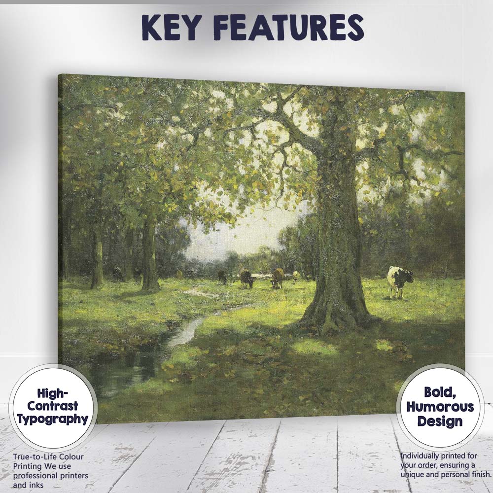 Ancient Oak Trees Cattle Pasture Woodland Landscape Painting Canvas Wall Art Print Decor Picture Ready to Hang