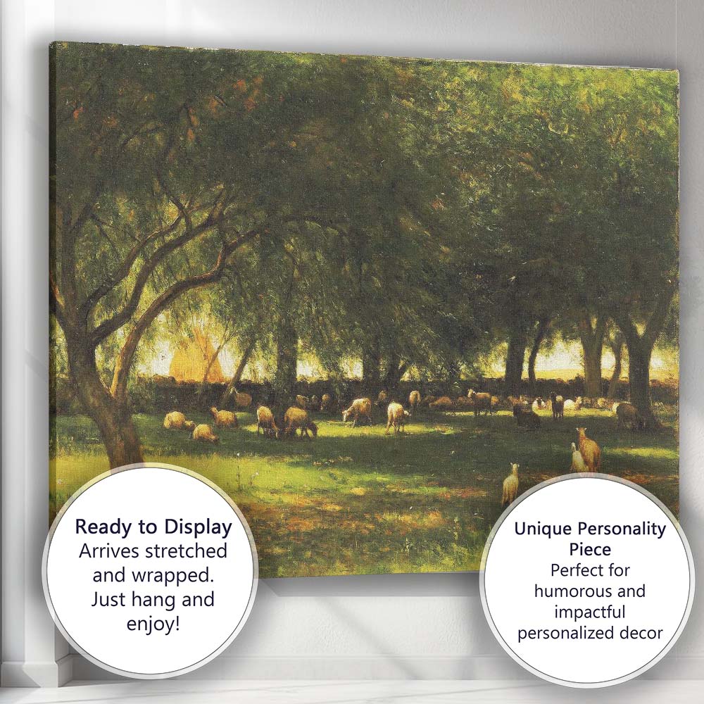 Sunlit Sheep Grazing Orchard Pastoral Rural Landscape Canvas Wall Art Print Decor Picture Ready to Hang