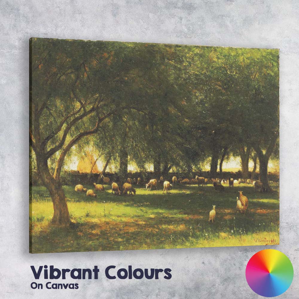 Sunlit Sheep Grazing Orchard Pastoral Rural Landscape Canvas Wall Art Print Decor Picture Ready to Hang