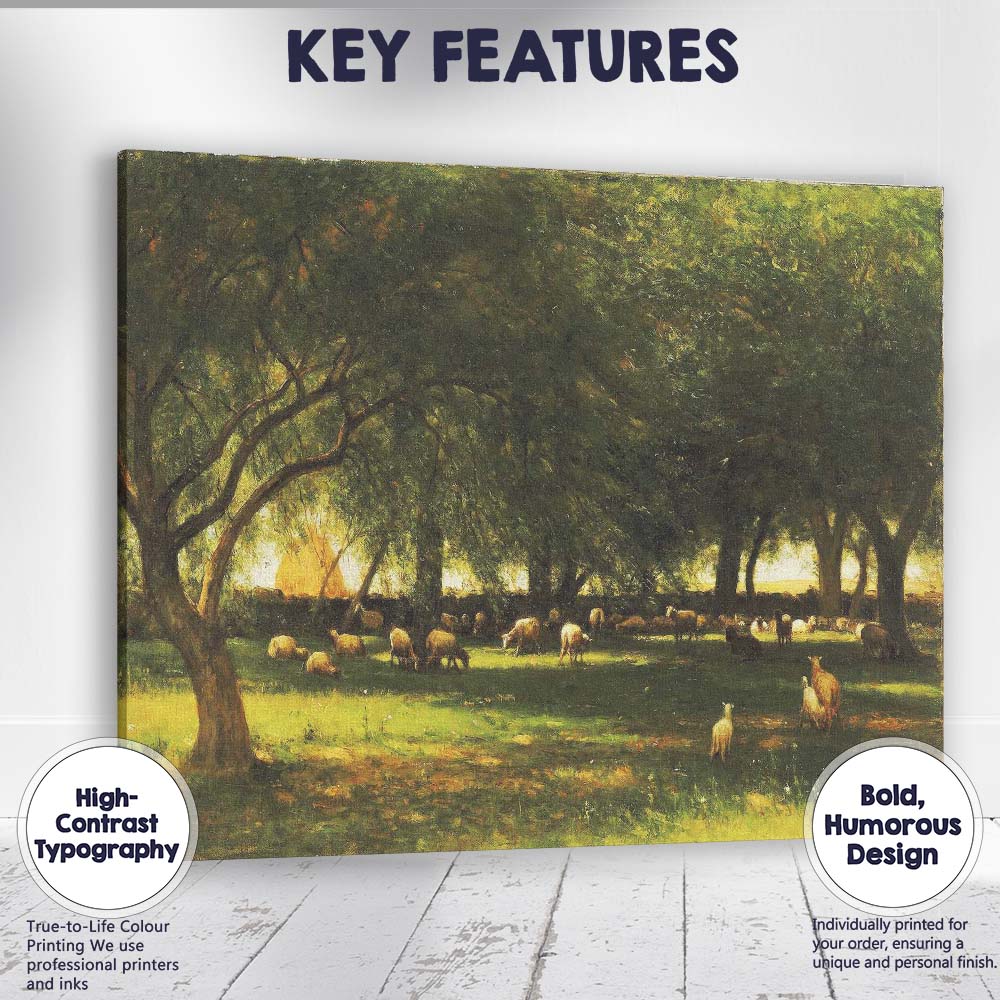 Sunlit Sheep Grazing Orchard Pastoral Rural Landscape Canvas Wall Art Print Decor Picture Ready to Hang