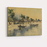 Tropical Riverside Village Palm Trees Watercolour Scene Canvas Wall Art Print Decor Picture Ready to Hang