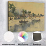 Tropical Riverside Village Palm Trees Watercolour Scene Canvas Wall Art Print Decor Picture Ready to Hang