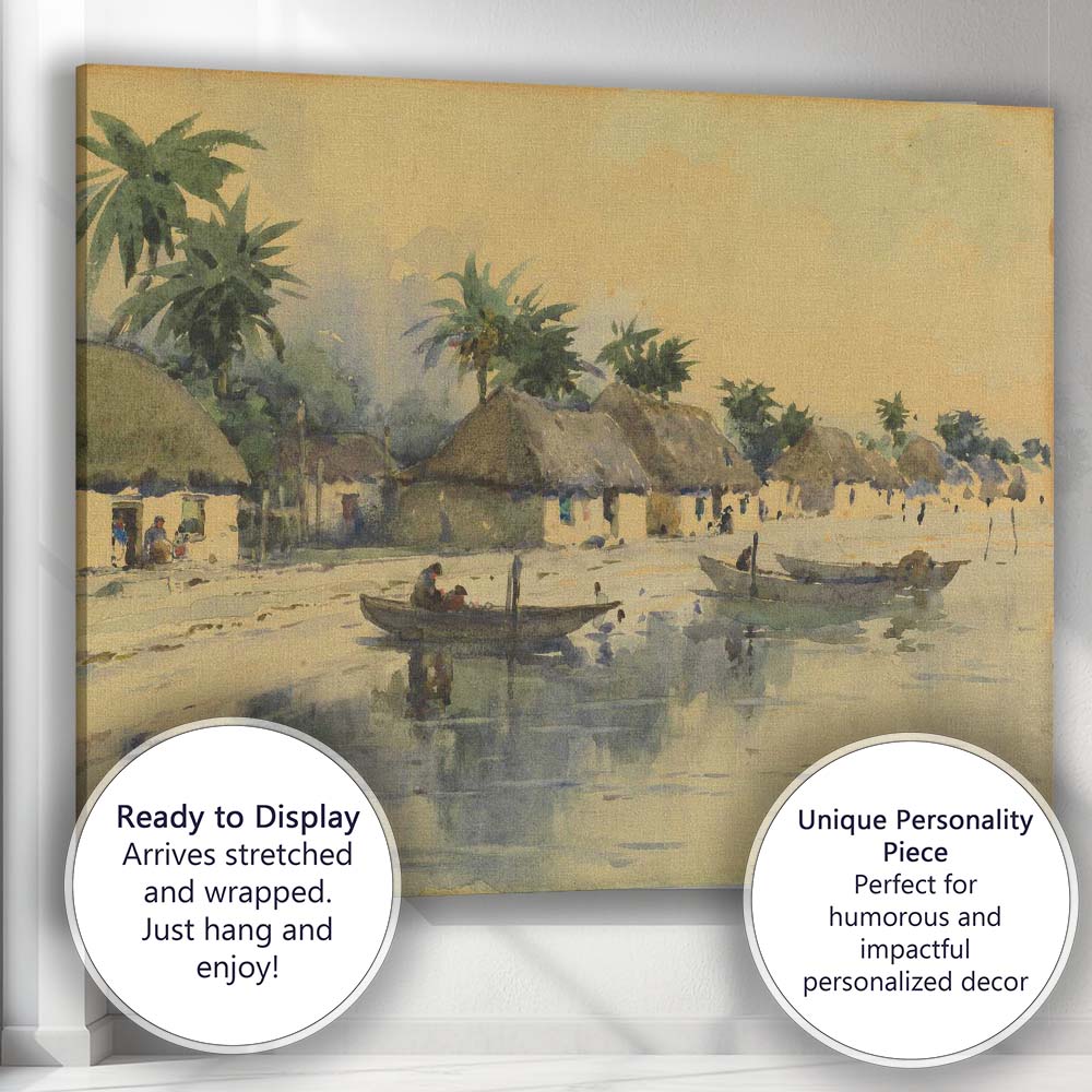Tropical Riverside Village Palm Trees Watercolour Scene Canvas Wall Art Print Decor Picture Ready to Hang