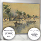Tropical Riverside Village Palm Trees Watercolour Scene Canvas Wall Art Print Decor Picture Ready to Hang